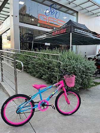 BICICLETA ARO (20) FEMININA COR AZUL E ROSA S/MARCHA FREIO V-BRAKE COM CESTA MARCA VELOOH
