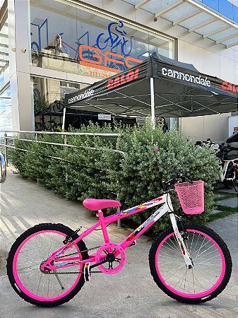 BICICLETA ARO (20) FEMININA COR ROSA E BRANCO S/MARCHA FREIO V-BRAKE COM CESTA MARCA VELOOH