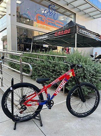 BICICLETA MTB FREERIDE ARO (26) VIKINGX TUFF-25 KIT 7 VELOCIDADES FREIO DISC HIDRÁULICO TRASEIRO COR VERMELHO/AZUL
