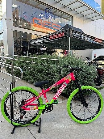 BICICLETA MTB FREERIDE ARO (26) VIKINGX TUFF-25 KIT 7 VELOCIDADES FREIO DISC HIDRÁULICO TRASEIRO COR ROSA/VERDE LIMÃO