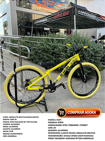 BICICLETA MTB FREERIDE ARO (26) HUPI STRIP KIT SINGLE (SEM MARCHA) FREIO DISC TRASEIRO SHIMANO MT200 COR AMARELA