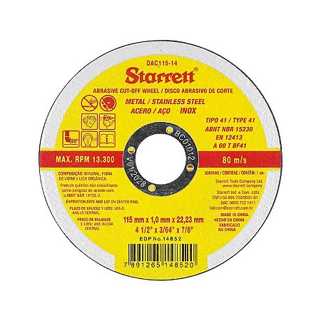 DISCO DE CORTE FINO INOX 4.1/2X3/64X7/8" STARRETT ( VALOR UNITÁRIO )