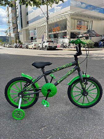 BICICLETA ARO (16) MASCULINA COR GRAFITE/VERDE S/MARCHA MARCA VELOOH PERSONALIZADA