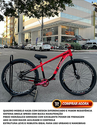 BICICLETA MTB FREERIDE ARO (26) HUPI NAJA KIT SINGLE S/MARCHA FREIO DISC HIDRÁULICO TRASEIRO SHIMANO COR VERMELHO/PRETO