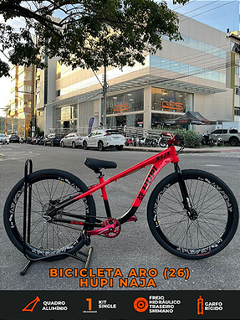 BICICLETA MTB FREERIDE ARO (26) HUPI NAJA KIT SINGLE S/MARCHA FREIO DISC HIDRÁULICO TRASEIRO SHIMANO COR VERMELHO/PRETO