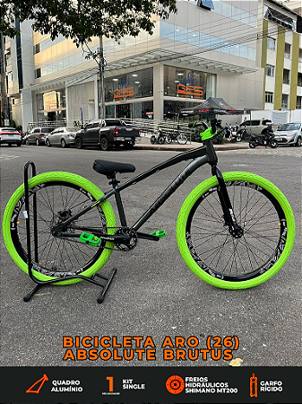 BICICLETA MTB FREERIDE ARO (26) ABSOLUTE BRUTUS KIT SINGLE (S/MARCHA) FREIO DISC HIDRÁULICO MT200 COR GRAFITE/VERDE