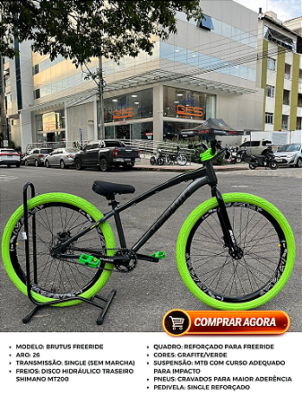 BICICLETA MTB FREERIDE ARO (26) ABSOLUTE BRUTUS KIT SINGLE (S/MARCHA) FREIO DISC HIDRÁULICO MT200 COR GRAFITE/VERDE