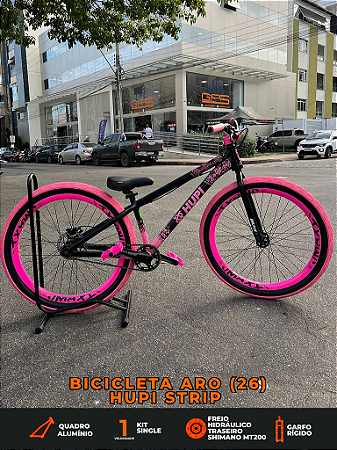 BICICLETA MTB FREERIDE ARO (26) HUPI STRIP KIT SINGLE (SEM MARCHA) FREIO DISC TRASEIRO SHIMANO MT200 COR PRETO/ROSA