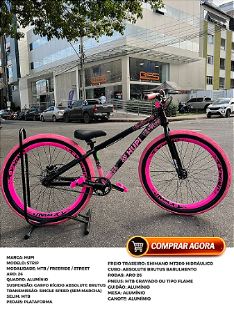 BICICLETA MTB FREERIDE ARO (26) HUPI STRIP KIT SINGLE (SEM MARCHA) FREIO DISC TRASEIRO SHIMANO MT200 COR PRETO/ROSA