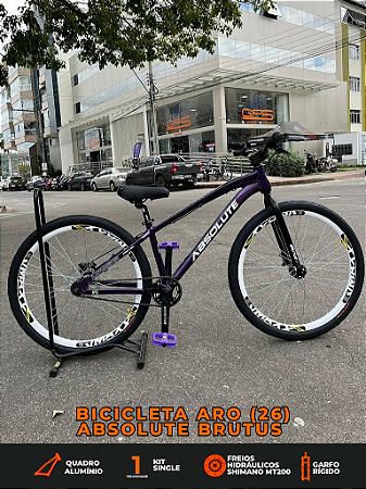 BICICLETA MTB FREERIDE ARO (26) ABSOLUTE BRUTUS KIT SINGLE (S/MARCHA) FREIO DISC HIDRÁULICO MT200 COR ROXA/BRANCO