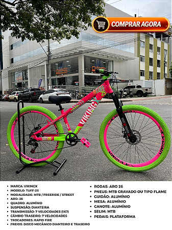 BICICLETA MTB FREERIDE ARO (26) VIKINGX TUFF-25 KIT 7 VELOCIDADES FREIO A DISCO MECÂNICO COR ROSA/VERDE