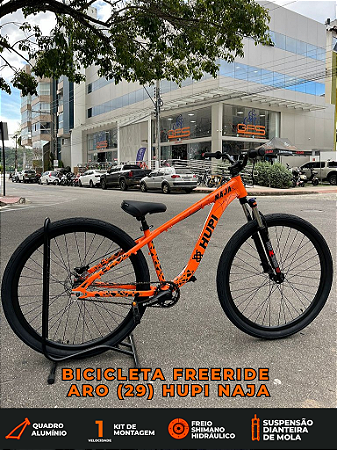 BICICLETA MTB FREERIDE ARO (29) HUPI NAJA KIT SINGLE S/MARCHA FREIO DISC HIDRÁULICO TRASEIRO SHIMANO COR LARANJA/PRETO