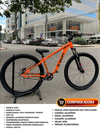 BICICLETA MTB FREERIDE ARO (29) HUPI NAJA KIT SINGLE S/MARCHA FREIO DISC HIDRÁULICO TRASEIRO SHIMANO COR LARANJA/PRETO