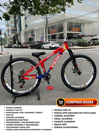 BICICLETA MTB FREERIDE ARO (26) VIKINGX TUFF-25 KIT 7 VELOCIDADES FREIO A DISCO MECÂNICO COR VERMELHO/AZUL/BRANCO