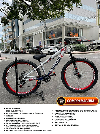 BICICLETA MTB FREERIDE ARO (26) VIKINGX TUFF-25 KIT 7 VELOCIDADES FREIO A DISCO MECÂNICO COR PRATA/AZUL/VERMELHO
