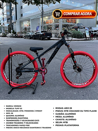 BICICLETA MTB FREERIDE ARO (26) VIKINGX TUFF-25 KIT 8 VELOCIDADES (1X8) FREIO A DISCO HIDRÁULICO COR GRAFITE/VERMELHO