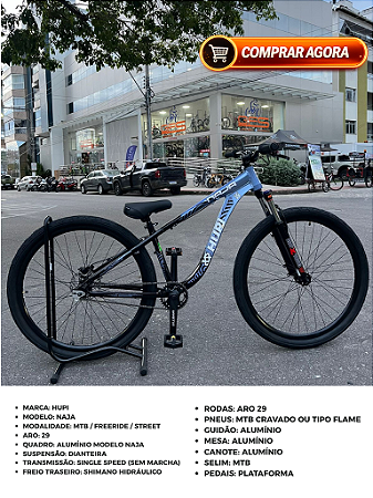 BICICLETA MTB FREERIDE ARO (29) HUPI NAJA KIT SINGLE S/MARCHA FREIO DISC HIDRÁULICO TRASEIRO SHIMANO COR AZUL/PRETO