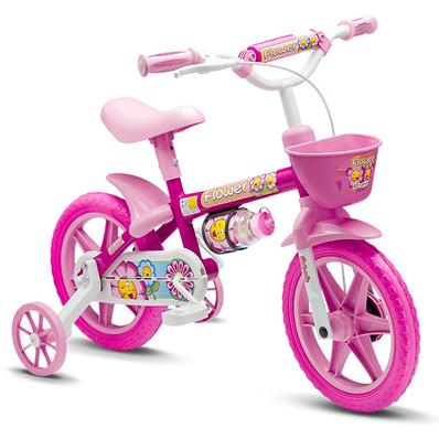 BICICLETA ARO (12) FEMININA COR ROSA/BRANCO S/MARCHA MARCA NATHOR FLOWER COM CESTA
