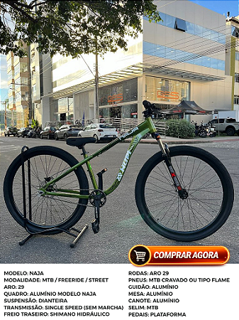 BICICLETA MTB FREERIDE ARO (29) HUPI NAJA KIT SINGLE S/MARCHA FREIO DISC HIDRÁULICO TRASEIRO SHIMANO COR VERDE/PRETO
