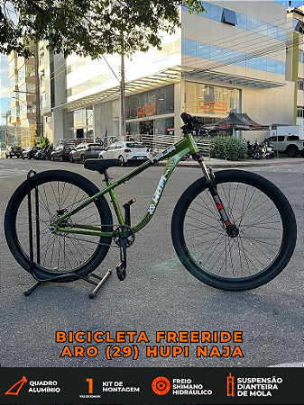 BICICLETA MTB FREERIDE ARO (29) HUPI NAJA KIT SINGLE S/MARCHA FREIO DISC HIDRÁULICO TRASEIRO SHIMANO COR VERDE/PRETO