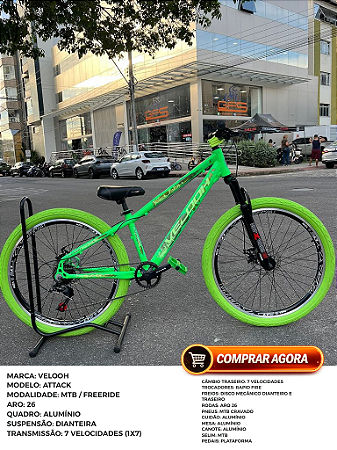 BICICLETA MTB FREERIDE ARO (26) VELOOH ATTACK 7 VELOCIDADES (1X7) FREIO A DISCO MECÂNICO COR VERDE