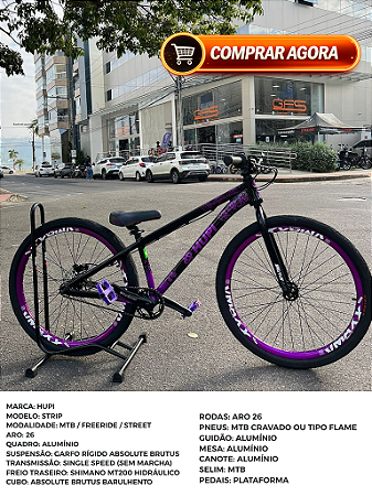 BICICLETA MTB FREERIDE ARO (26) HUPI STRIP KIT SINGLE (SEM MARCHA) FREIO DISC TRASEIRO SHIMANO MT200 COR PRETO/ROXO