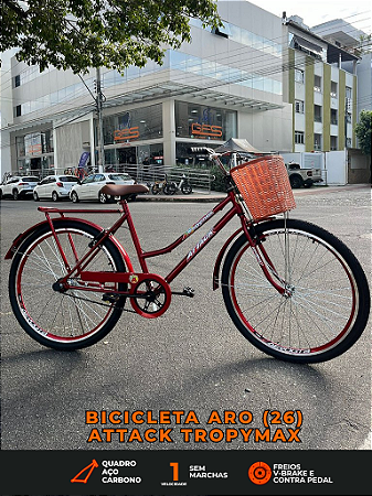 BICICLETA ARO (26) FEMININA COR VERMELHA S/MARCHA FREIO V/BRAKE (A MÃO) E FREIO CONTRAPEDAL MARCA ATTACK TROPYMAX