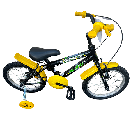 BICICLETA ARO (16) MASCULINA COR PRETO/AMARELO S/MARCHA MARCA MILANO GROW UP