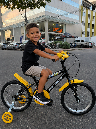 BICICLETA ARO (16) MASCULINA COR PRETO/AMARELO S/MARCHA MARCA MILANO GROW UP