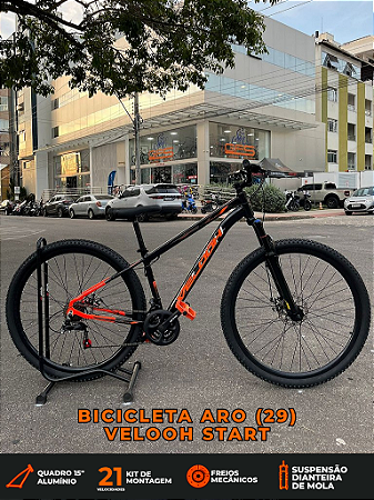 BICICLETA MTB ARO (29) VELOOH START 21 VELOCIDADES FREIO A DISCO MECÂNICO TAMANHO 15 (M) COR PRETO/LARANJA