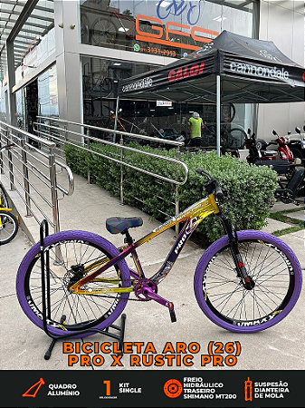 BICICLETA MTB FREERIDE ARO (26) RUSTIC PRO KIT SINGLE S/ MARCHA FREIO DISC HIDRÁULICO TRASEIRO COR CAMALEAO/ROXO
