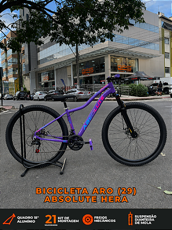 BICICLETA MTB ARO (29) ABSOLUTE HERA 21 VELOCIDADES FREIO A DISCO MECÂNICO TAMANHO 15 (P) COR ROXO/ROSA/AZUL