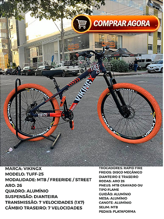 BICICLETA MTB FREERIDE ARO (26) VIKINGX TUFF-25 KIT 7 VELOCIDADES (1X7) FREIO A DISCO MECÂNICO COR ROXO/LARANJA