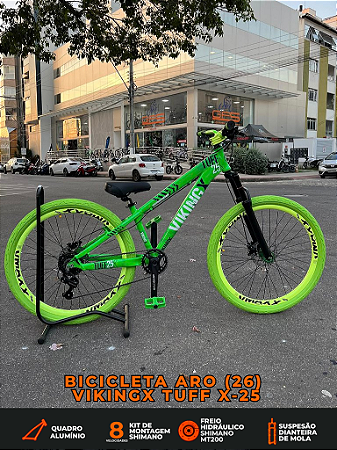 BICICLETA MTB FREERIDE ARO (26) VIKINGX TUFF X-25 CAMBIO 8 VELOCIDADES (1x8) FREIO DISC HIDRÁULICO SHIMANO COR VERDE