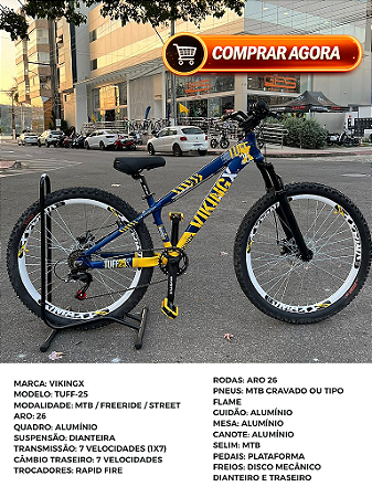 BICICLETA MTB FREERIDE ARO (26) VIKINGX TUFF-25 KIT 7 VELOCIDADES FREIO A DISCO MECÂNICO COR AZUL/AMARELO