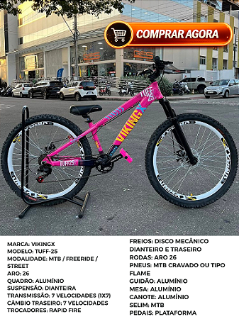 BICICLETA MTB FREERIDE ARO (26) VIKINGX TUFF-25 KIT 7 VELOCIDADES FREIO A DISCO MECÂNICO COR ROSA/ROXO/AMARELO