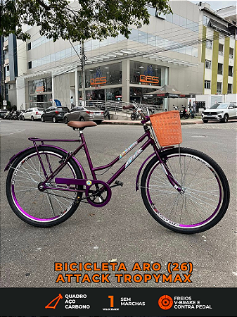 BICICLETA ARO (26) FEMININA COR VIOLETA S/MARCHA FREIO V/BRAKE (A MÃO) E FREIO CONTRA PEDAL MARCA ATTACK TROPYMAX