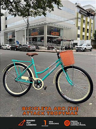 BICICLETA ARO (26) FEMININA COR VERDE/BEGE S/MARCHA FREIO V/BRAKE (A MÃO) E FREIO CONTRAPEDAL MARCA ATTACK TROPYMAX