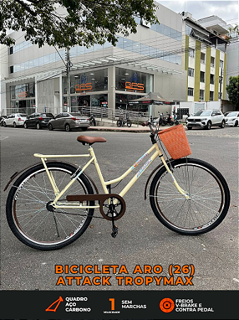 BICICLETA ARO (26) FEMININA COR BEGE/MARRON S/MARCHA FREIO V/BRAKE (A MÃO) E FREIO CONTRA/PEDAL MARCA ATTACK TROPYMAX