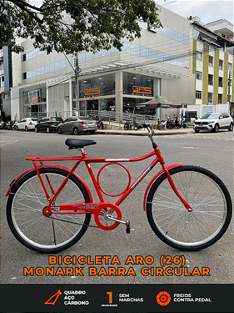 BICICLETA ARO (26) MASCULINA BARRA CIRCULAR COR VERMELHA S/MARCHA FREIO CONTRA PEDAL MARCA MONARK