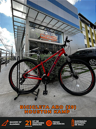 BICICLETA MTB ARO (29) HOUSTON KAMP CÂMBIO SHIMANO 21VELOCIDADES (3X7) FREIO DISC MECÂNICO TAMANHO 15 (P) VERMELHO/AZUL