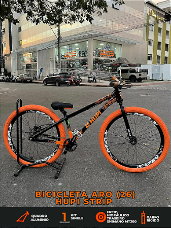 BICICLETA MTB FREERIDE ARO (26) HUPI STRIP KIT SINGLE (SEM MARCHA) FREIO DISC TRASEIRO SHIMANO MT200 COR PRETO/LARANJA