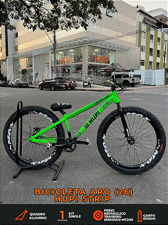 BICICLETA MTB FREERIDE ARO (26) HUPI STRIP KIT SINGLE (SEM MARCHA) FREIO DISC TRASEIRO SHIMANO MT200 COR VERDE/PRETO