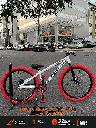 BICICLETA MTB FREERIDE ARO (26) HUPI STRIP KIT SINGLE (SEM MARCHA) FREIO DISC TRASEIRO SHIMANO MT200 COR BRANCO/VERMELHO