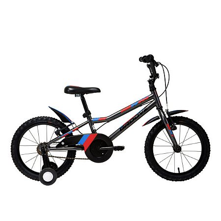 BICICLETA ARO (16) MASCULINA COR GRAFITE/AZUL/VERMELHA S/MARCHA FREIO V-BRAKE MARCA GROOVE RAGGA