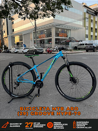 BICICLETA MTB ARO (29) GROOVE HYPE-70 27 VELOVIDADES (3X9) FREIO DISC HIDRAULICO TAMANHO 15 (P) COR AZUL/VERDE/PRETO
