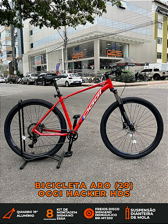 BICICLETA MTB ARO (29) OGGI HACKER HDS SHIMANO ESSA 8V FREIO DISC HIDRÁULICO TAMANHO 19 (G) COR VERMELHO/BRANCO/AZUL
