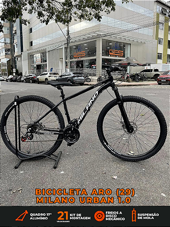 BICICLETA MTB ARO (29) MILANO URBAN 1.0 KIT 21 VELOCIDADES (3X7) FREIO A DISCO MECÂNICO TAMANHO 17 (M) COR PRETO