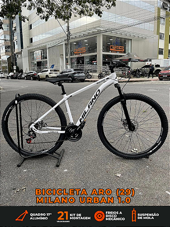 BICICLETA MTB ARO (29) MILANO URBAN 1.0 KIT 21 VELOCIDADES (3X7) FREIO A DISCO MECÂNICO TAMANHO 17 (M) COR BRANCA