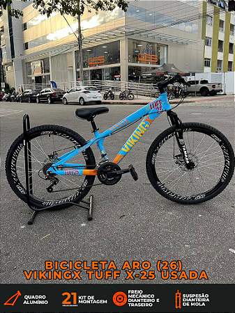 BICICLETA MTB FREERIDE ARO (26) VIKINGX TUFF X-25 CAMBIO 21 VELOCIDADES FREIO DISC MECÂNICO COR AZUL/LARANJA (USADA)